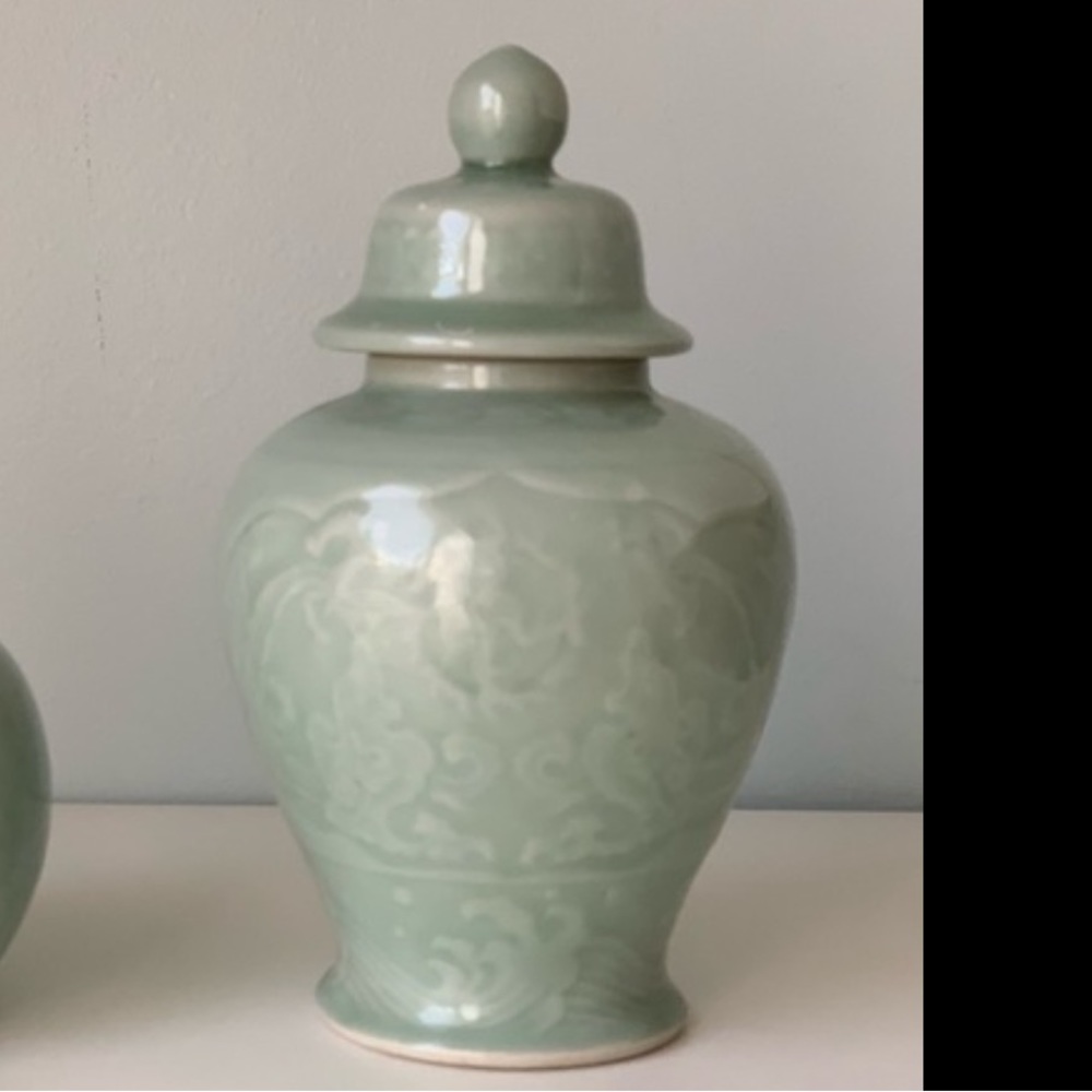 New vintage Celadon green ginger jar with lid